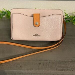Coach Pebbled Leather Crossbody in Pale Pink with Tan Strap